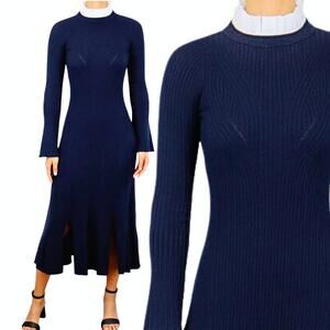 Sandro NWT Ribbed A-Line Midi Dress w/Contrast Ruffleed Stand Collar Navy Size 4